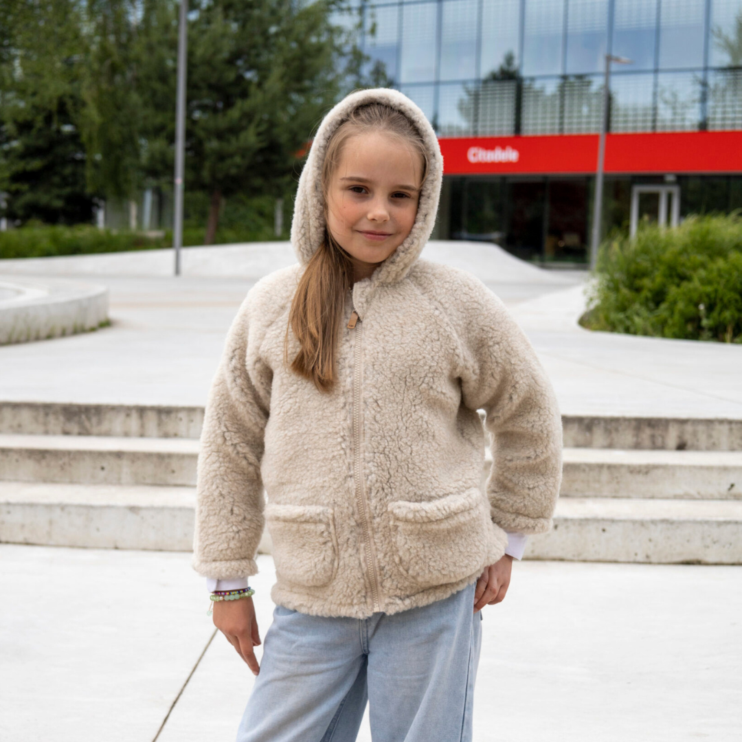 Zaffiro Lammfelljacke mit Kapuze für Kinder in Creme