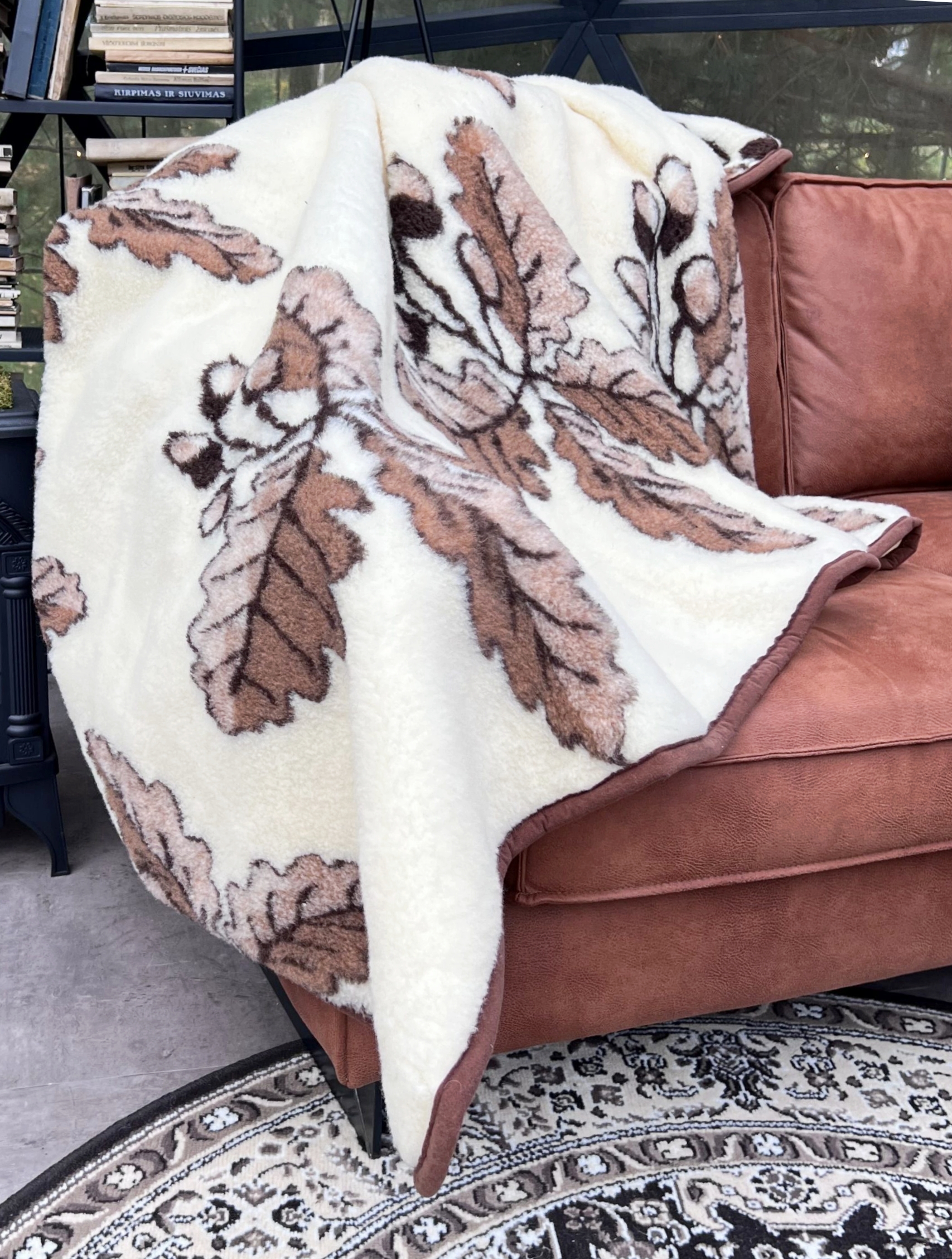 Natural 100% Merino wool lightweight blanket - plaid OAK