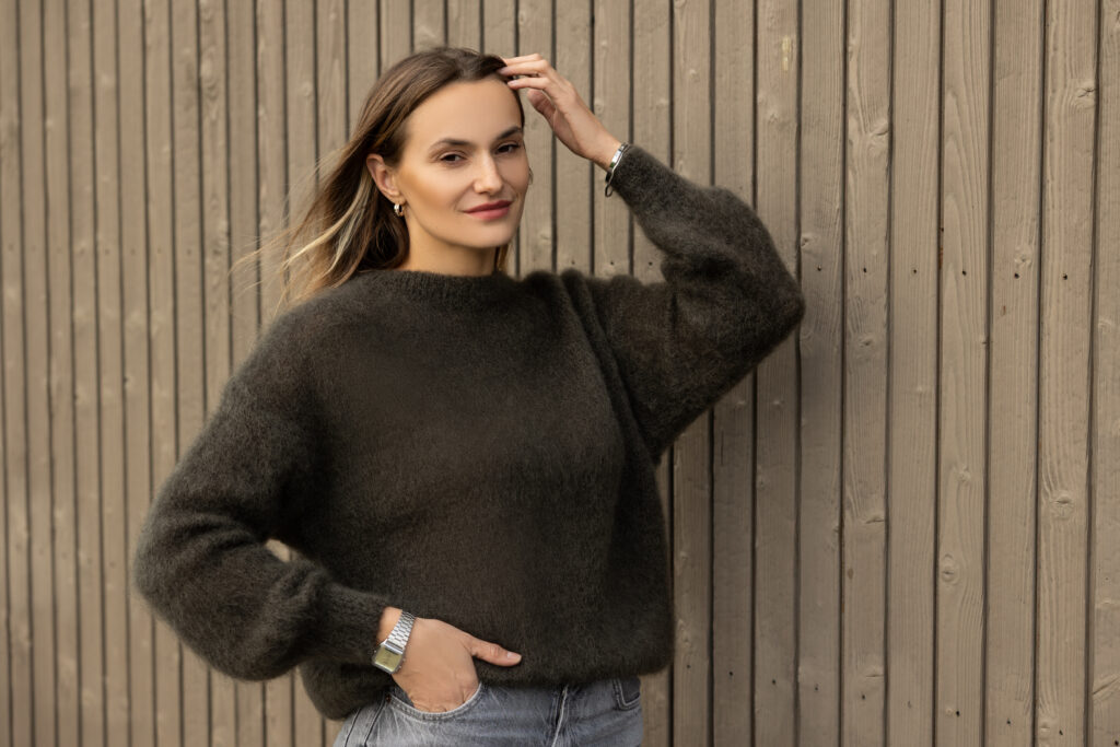 Damen Polo-Pullover aus Mohairwolle KHAKI