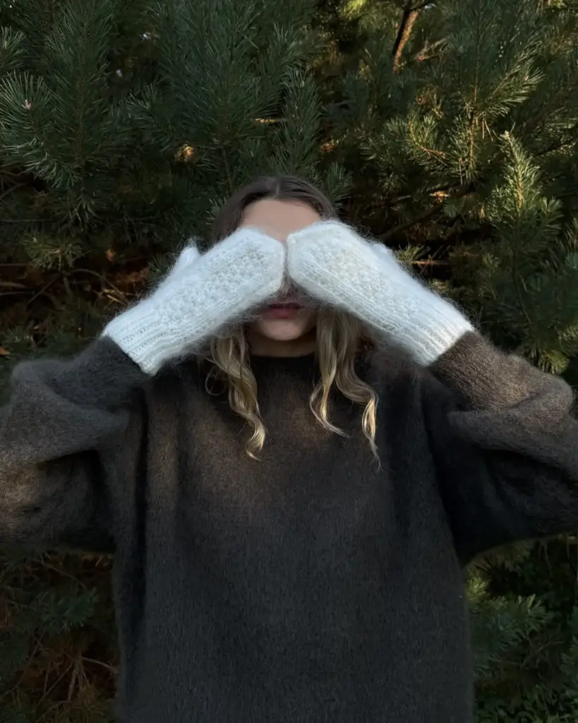 Damen-Fäustlinge aus weißer Angorawolle ALBA