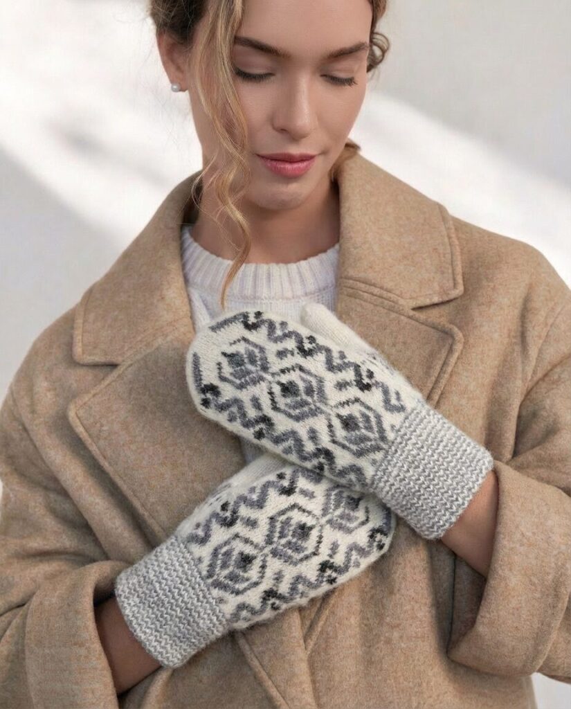 Damen-weiße Merinowoll-Fäustlinge SNOWFLAKE, WoolLando