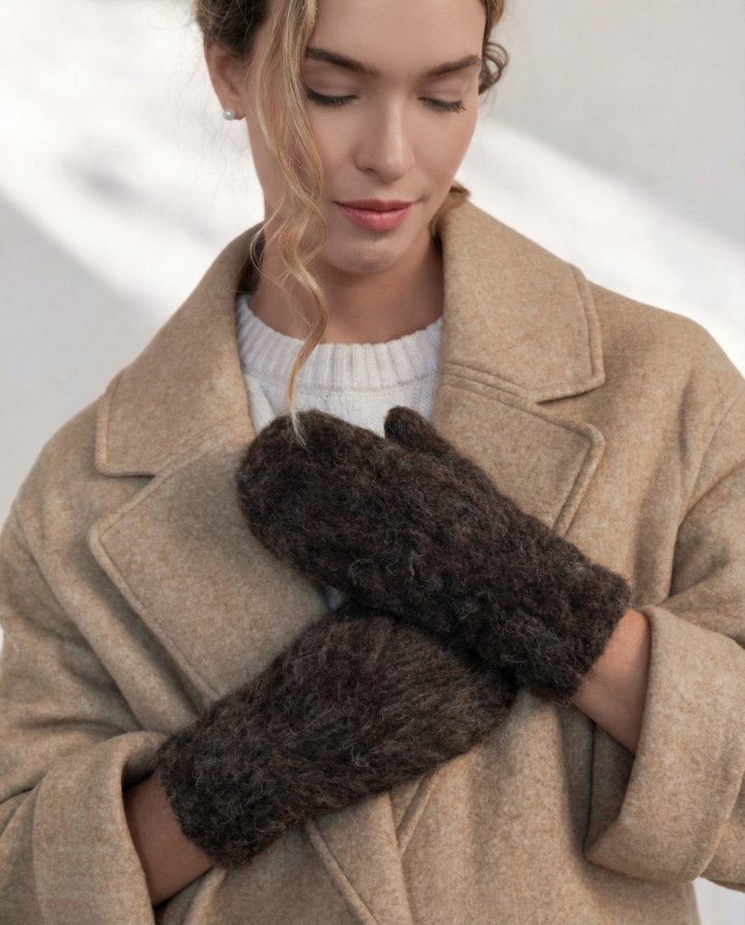 Dunkelbraune 100% Hundewolle-Fäustlinge 