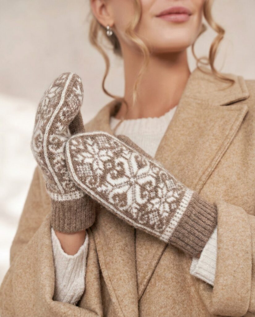 Damen-braune Merinowoll-Fäustlinge SNOWFLAKES, WoolLando
