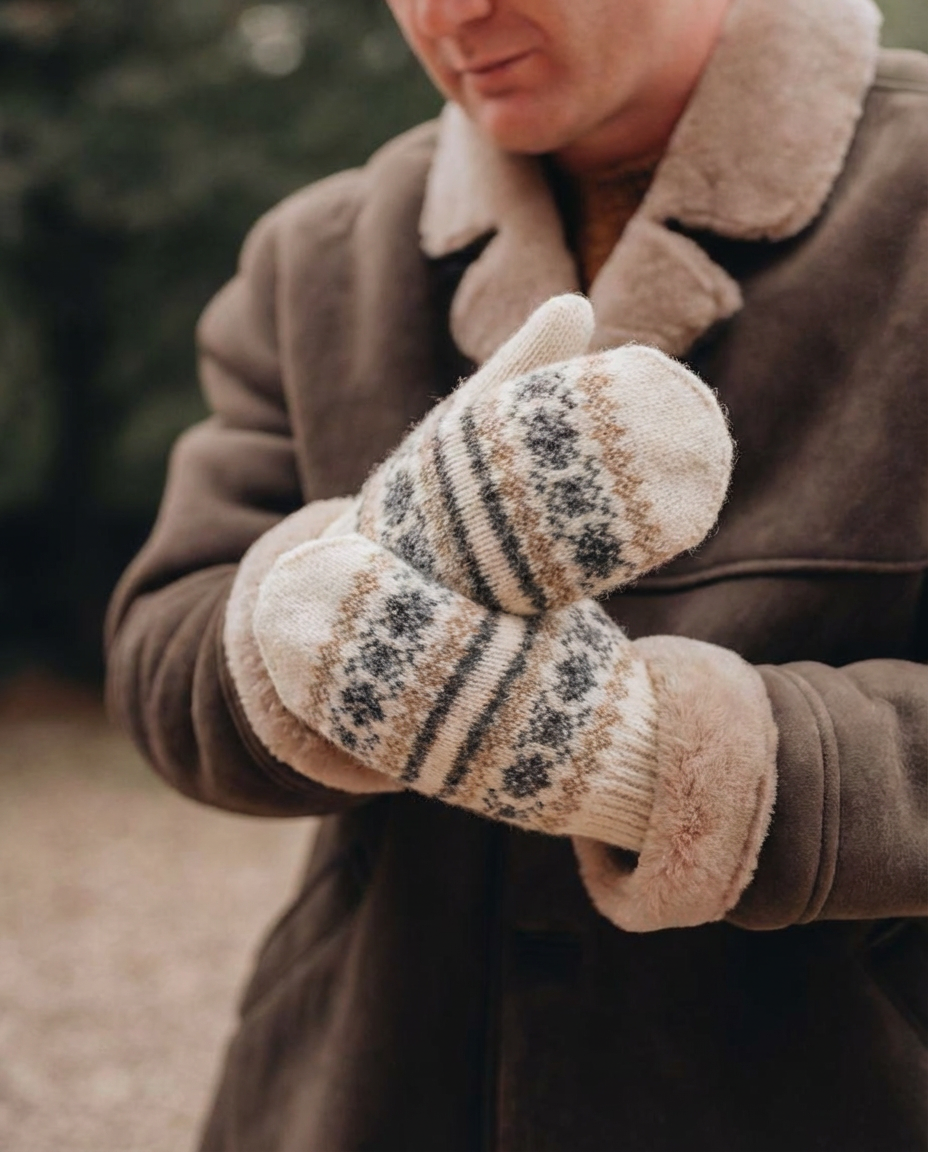 Herren-weiße Merinowoll-Fäustlinge WINTER, WoolLando
