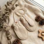 Kinder cremefarbene Lammwolle-Fäustlinge mit Schnur – Zaffiro