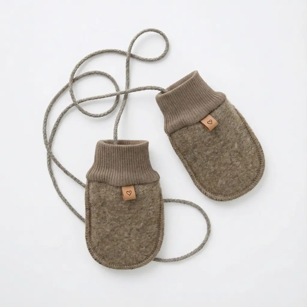 KinKinder-Fäustlinge aus brauner Lammwolle mit Kordel, Zaffiro